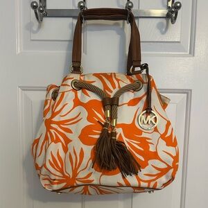 Michael Kors Marina Floral Orange and Brown Leather Trim Shoulder Bag